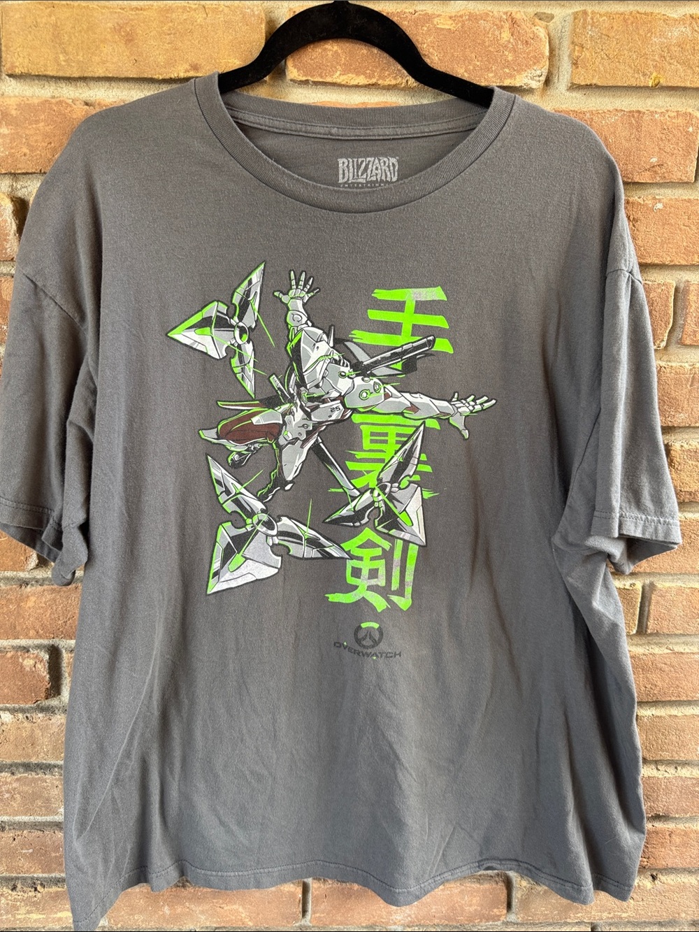 Overwatch Genji Short Sleeve Graphic Tee - Gray with Green Print XXL PTP 25”
